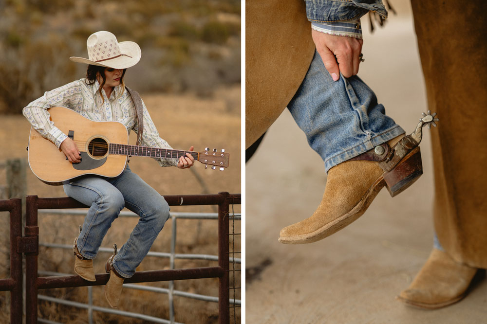 A photo montage of a woman wearing Jenna By Justin western boots.